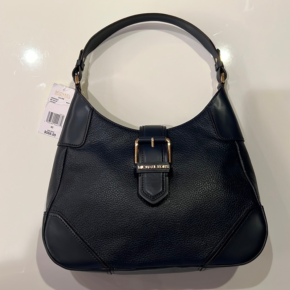 New Michael Kors Lillian M Shoulder Leather Bag navy